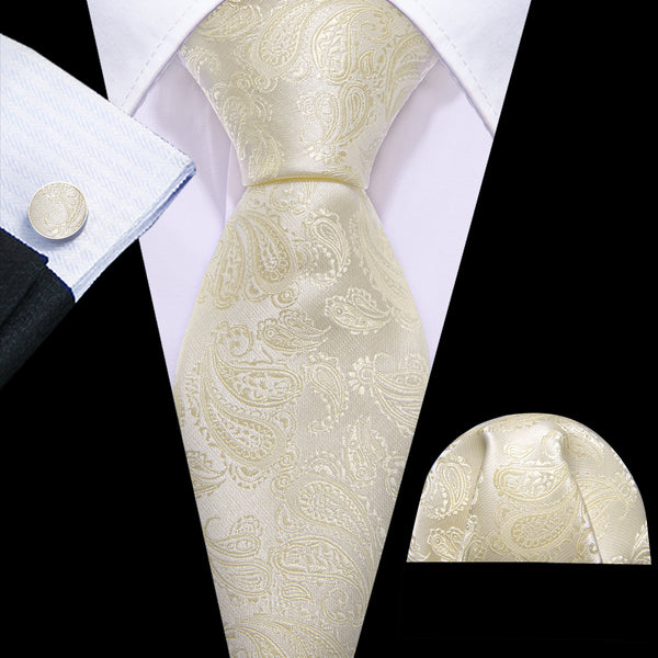 Ties2you Extra Length Tie Ivory White Paisley Men's 63 Inches Tie Pocket Square Cufflinks Set