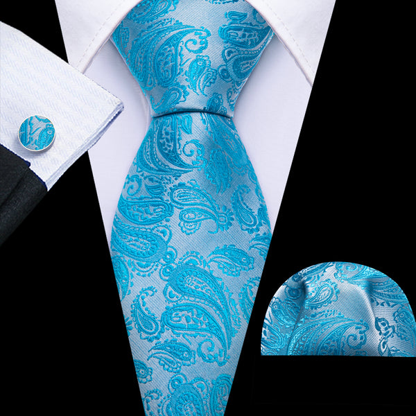 Sky Blue Paisley Men's 63 Inches Extra Length Tie Pocket Square Cufflinks Set