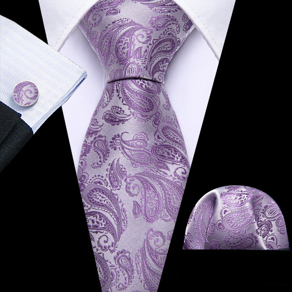 Purple Paisley Men's 63 Inches Extra Length Tie Pocket Square Cufflinks Set