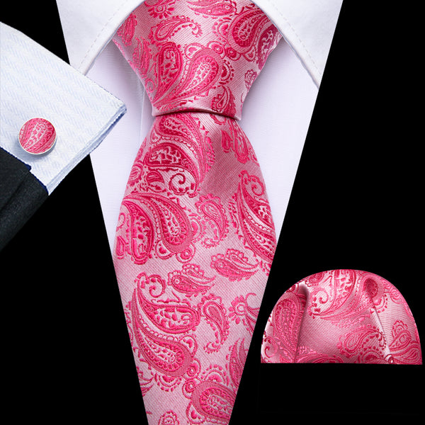 Rose Red Paisley Men's 63 Inches Extra Length Tie Pocket Square Cufflinks Set