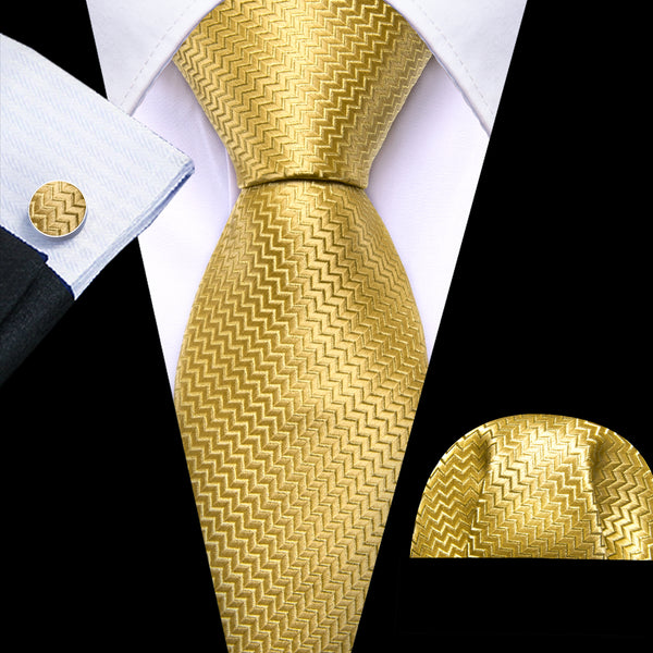 Yellow Novelty Woven Men's 63 Inches Extra Length Tie Pocket Square Cufflinks Set