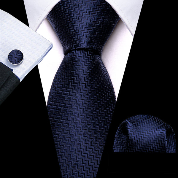 Pure Navy Blue Novelty Woven Men's 63 Inches Extra Length Tie Handkerchief Cufflinks Set