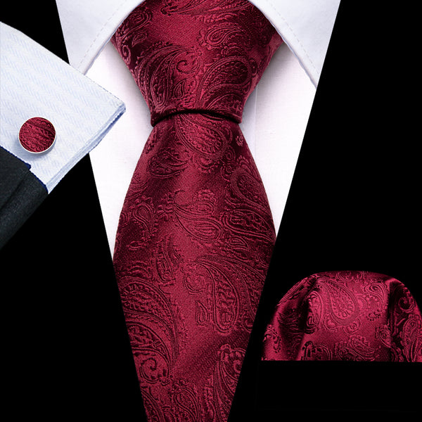 Red Paisley Men's 63 Inches Extra Length Tie Handkerchief Cufflinks Set