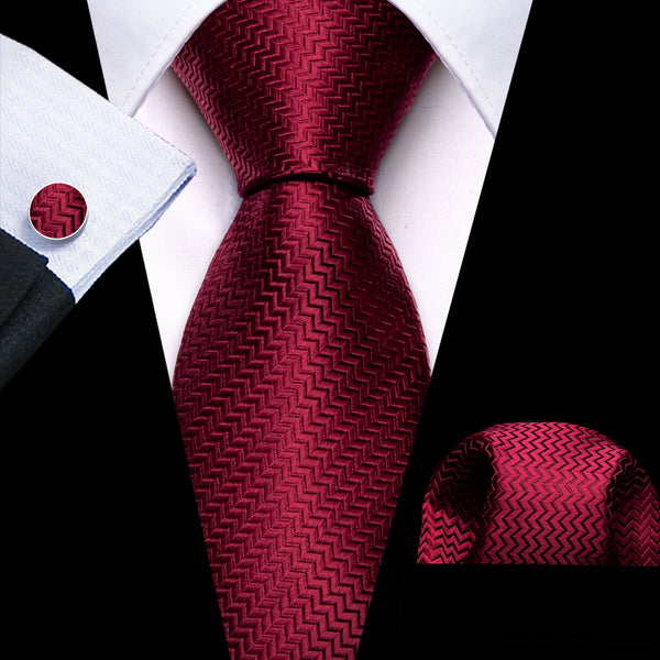 Pure Red Novelty Woven Men's 63 Inches Extra Length Tie Handkerchief Cufflinks Set