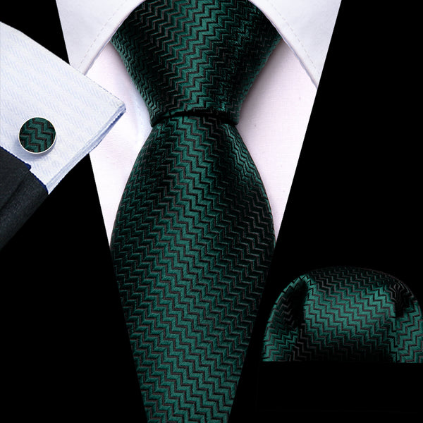 Pure Dark Green Novelty Woven Men's 63 Inches Extra Length Tie Handkerchief Cufflinks Set