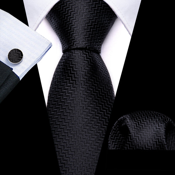 Pure Black Novelty Woven Men's 63 Inches Extra Length Tie Handkerchief Cufflinks Set