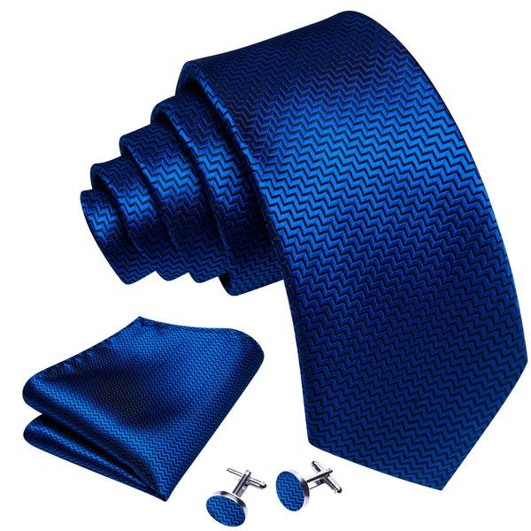 Pure Klein Blue Novelty Woven Men's 63 Inches Extra Length Tie Handkerchief Cufflinks Set