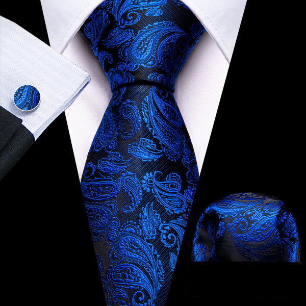 Klein Blue Paisley Men's 63 Inches Extra Length Tie Handkerchief Cufflinks Set