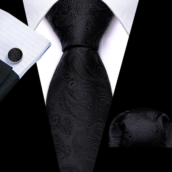 Black Paisley Men's 63 Inches Extra Length Tie Handkerchief Cufflinks Set