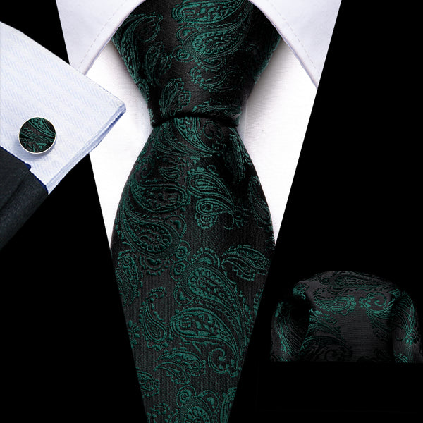 Green Black Paisley Men's 63 Inches Extra Length Tie Handkerchief Cufflinks Set