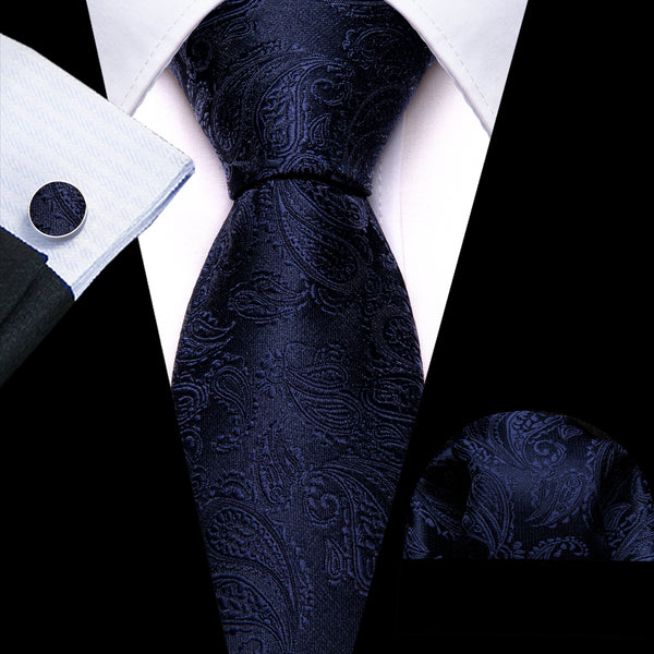 Navy Blue Paisley Men's 63 Inches Extra Length Tie Handkerchief Cufflinks Set