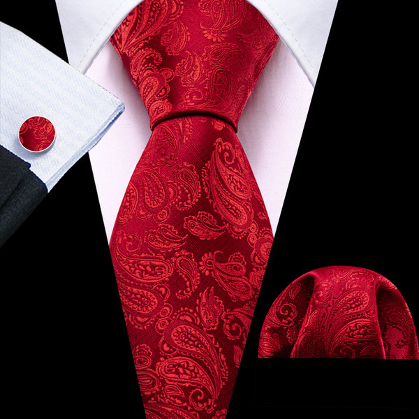 Light Red Paisley Men's 63 Inches Extra Length Tie Handkerchief Cufflinks Set