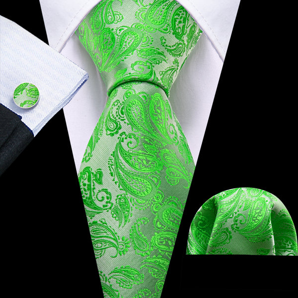 Green Paisley Men's 63 Inches Extra Length Tie Handkerchief Cufflinks Set