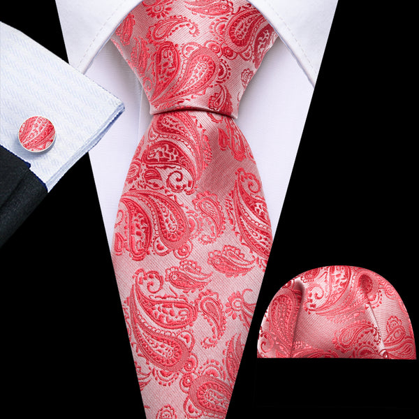 Ties2you Red Extra Length Tie Light Coral Paisley Men's 63 Inches Tie Handkerchief Cufflinks Set