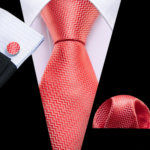 Light Coral Novelty Men's 63 Inches Extra Length Tie Handkerchief Cufflinks Set