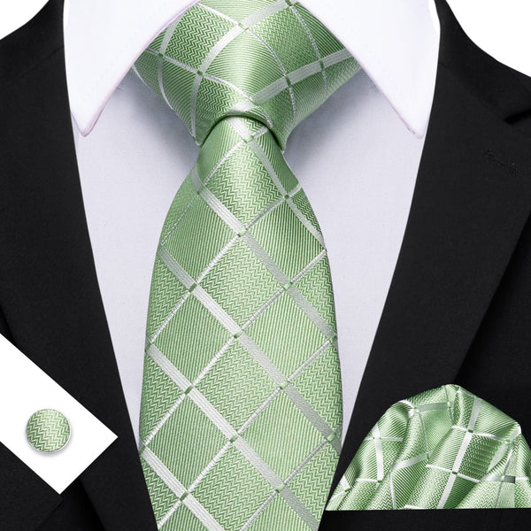 Extra Long Tie Sage Green Plaid 63'' Silk Mens Tie Pocket Square Cufflinks Set