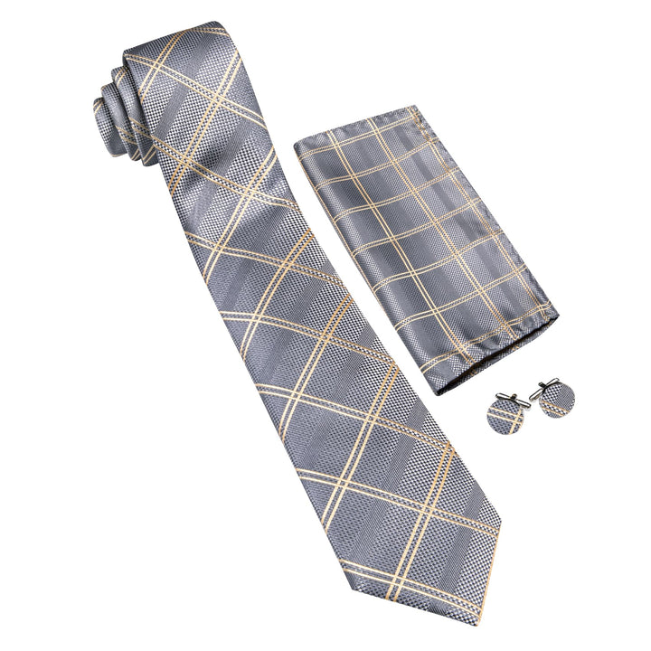 Extra Long Tie Smoke Grey Plaid 63'' Silk Mens Tie Pocket Square Cufflinks Set for business