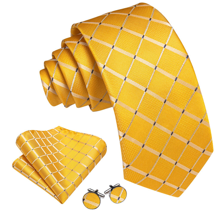 Extra Long Tie Medallion Yellow Plaid 63 Inch Silk Mens Tie Pocket Square Cufflinks Set