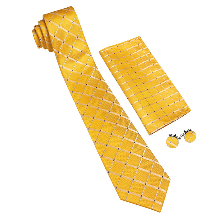 Extra Long Tie Medallion Yellow Plaid 63 Inch Silk Mens Tie Pocket Square Cufflinks Set