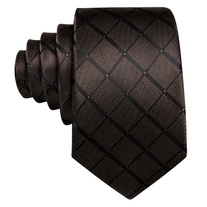 Extra Long Tie Pecan Brown Plaid 63 Inch Silk Mens Tie Pocket Square Cufflinks Set