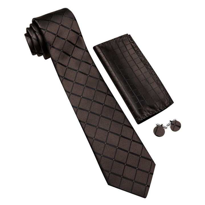 Extra Long Tie Pecan Brown Plaid 63 Inch Silk Mens Tie Pocket Square Cufflinks Set