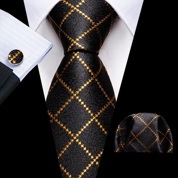 fashion design tie black gold plaid mens silk business tie handkerchief cufflinks set
