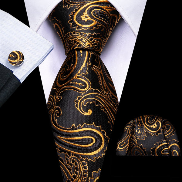 wedding formal black gold paisley mens silk tie hanky cufflinks set