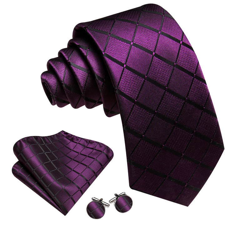 hot sale deep purple plaid mens silk tie handkerchief cufflinks set for business