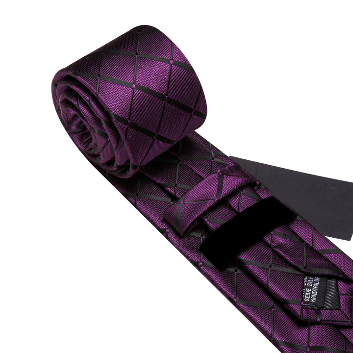 hot sale deep purple plaid mens silk tie handkerchief cufflinks set for business