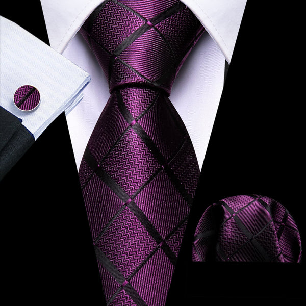 timeless charm plaid purple silk mens business work tie handkerchief cufflinks set