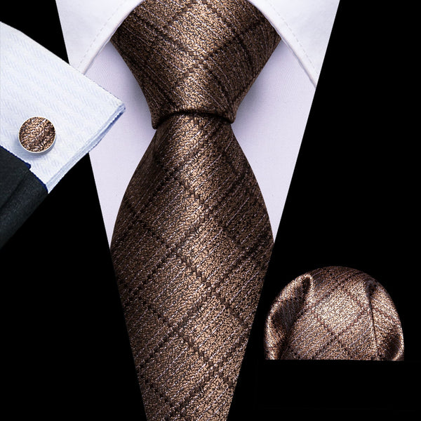 Shiny versatile fashion brown plaid silk mens tie handkerchief cufflinks for black suit