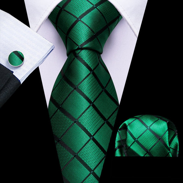 silk mens plaid green emerald tie handkerchief cufflinks set