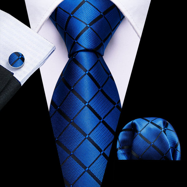 fashion plaid black navy blue ties pocket square cufflinks set for business suit