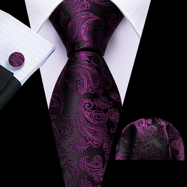 business design black deep purple paisley silk mens suit ties pocket square cufflinks set