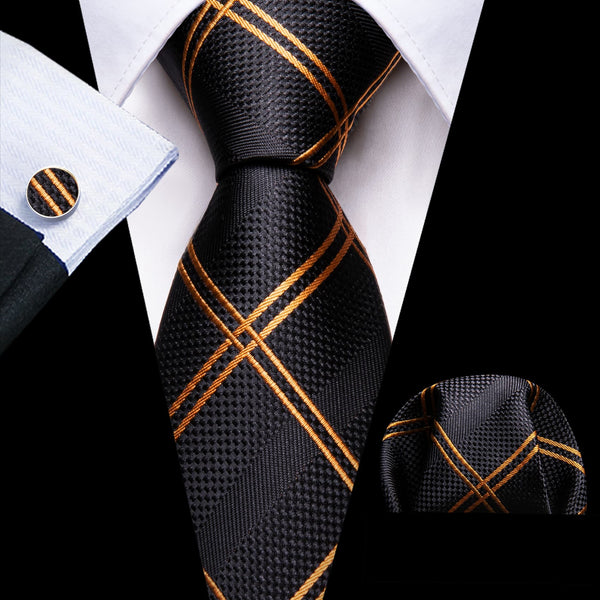 classic fashion black gold plaid silk mens neckties pocket square cufflinks set for business suit
