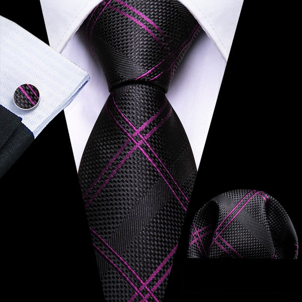 fashion silk mens plaid balck purple tie handkerchief cufflinks set for business suit