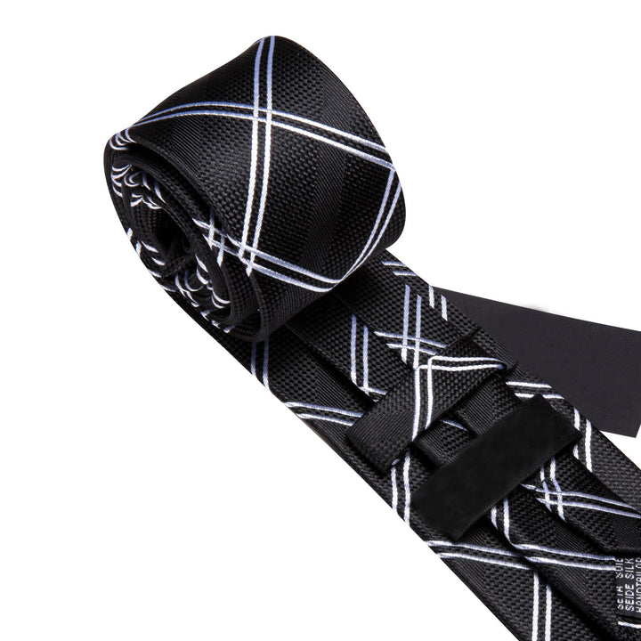 Extra Long Tie Black Plaid 63'' Business Silk Mens Tie Pocket Square Cufflinks Set