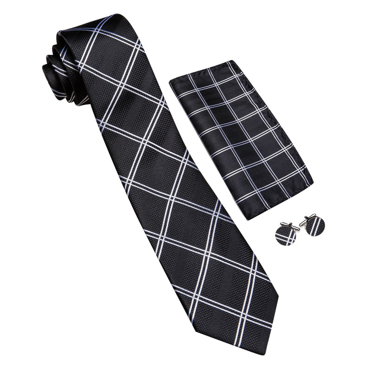 Extra Long Tie Black Plaid 63'' Business Silk Mens Tie Pocket Square Cufflinks Set