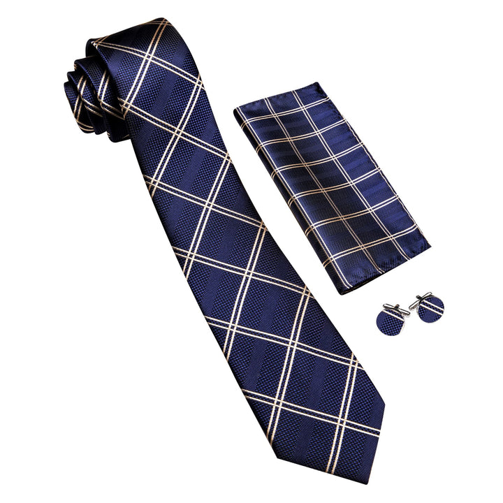 Extra Long Tie Navy Blue Plaid 63'' Business Silk Mens Tie Set