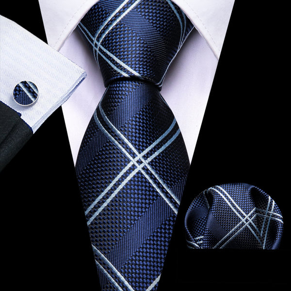 fashion navy blue plaid business mens suit dress ties pocket square cufflinks set