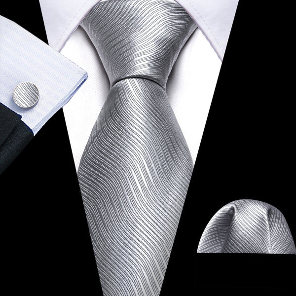 Silver White Wave Striped Silk Men's Necktie Pocket Square Cufflinks Set