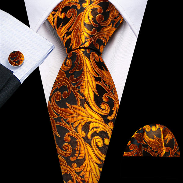 Ties2you Black Tie Bronze Silk Floral Tie and Pocket Square Cufflinks Set