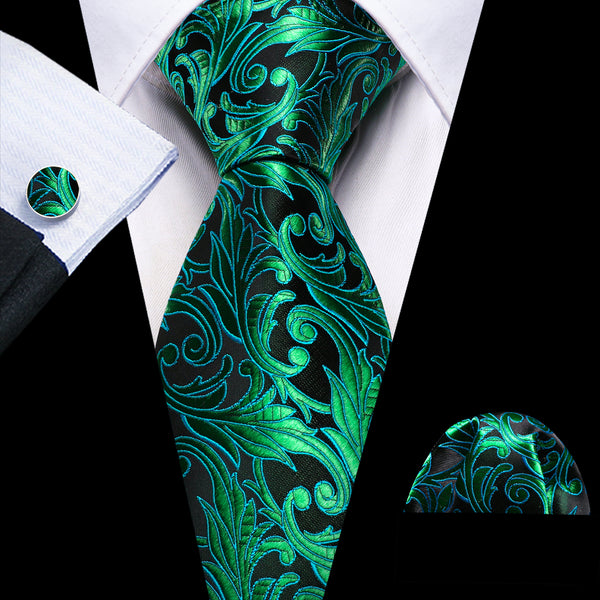 Light Green Paisley Silk Tie Pocket Square Cufflinks Set