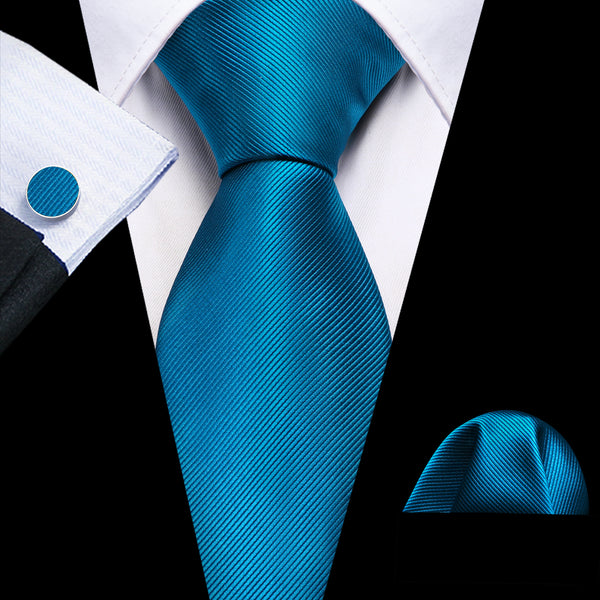 New Ties2you Lake Blue Solid Silk Tie Pocket Square Cufflinks Set