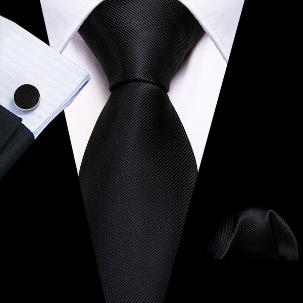 New Ties2you Black Solid Silk Tie Pocket Square Cufflinks Set