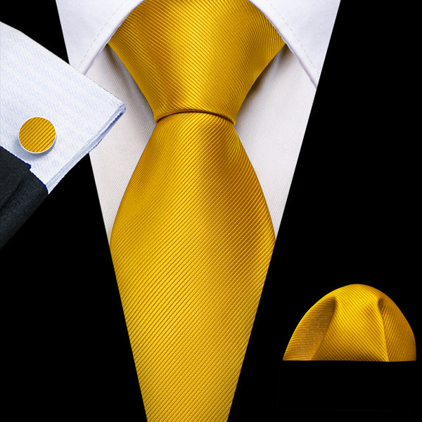 New Ties2you Golden Solid Silk Tie Pocket Square Cufflinks Set