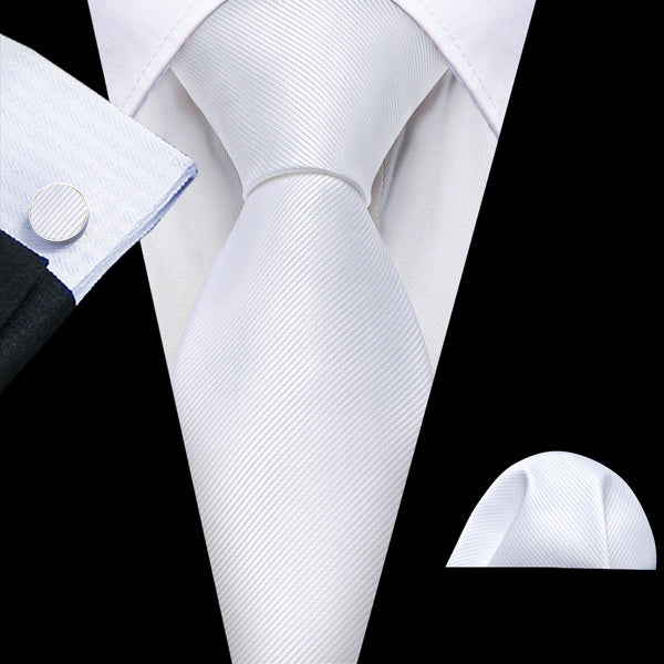 New Ties2you White Solid Silk Tie Pocket Square Cufflinks Set
