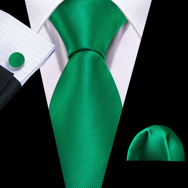 Ties2you Green Solid Silk Tie Pocket Square Cufflinks Set