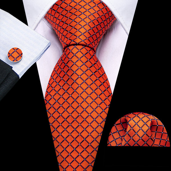 Orange Plaid Men's Tie Pocket Square Cufflinks Set