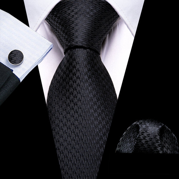 Black Woven Silk Necktie Handkerchief Cufflinks Set